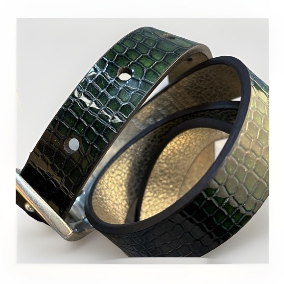 Coldwater Creek Accessories - Silver Green Leather‎ Belt Reversible Snakeskin Embossed Reptile M NWT